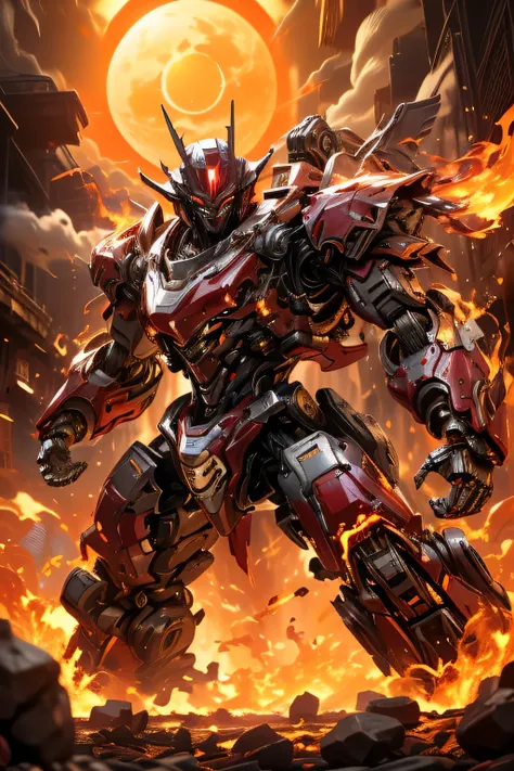 (red eye: 1.5), (metal red body robot: 1.5), Unreal Engine, Cinematic Shots , best quality, masterpiece, is present,,science_ best quality ,サイエンス best quality ,Shining Eyes, Explosive sparks , ( lens flare:0.3), Volume Fog , (Standing in the midst of a b...