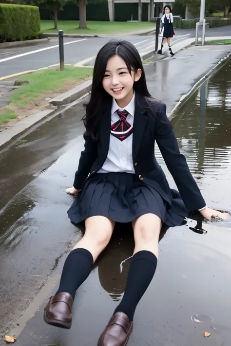  high school girl、uniform、 blazer、 high socks、 loafers 、 long black hair、 slender、Puddle、 jump