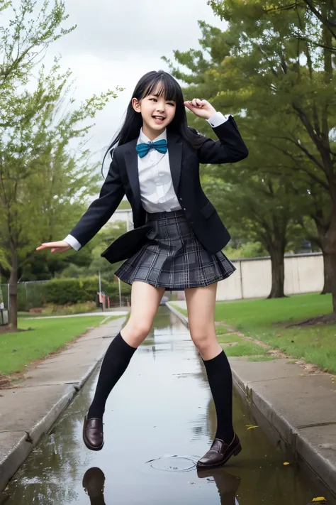  high school girl、uniform、 blazer、 high socks、 loafers 、 long black hair、 slender、Puddle、 jump