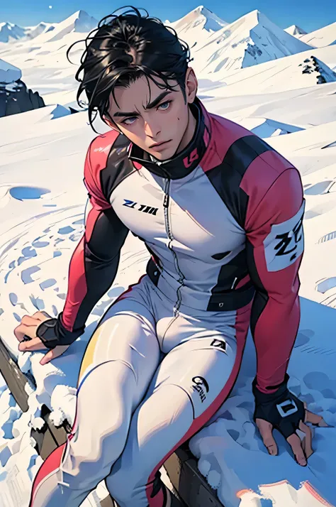  Japanese　 handsome　 black hair 　　　short cropped 　　male　Slim figure　Bulge　 sheer bright white compression suit for sitting on snow　Nude Lower Body with Pink Briefs 　　Face close-up　The background is Antarctica　In the snow　　The background is Antarctica　Just ...