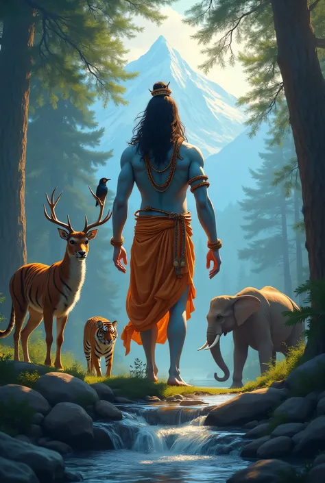 "Lord Shiva, the powerful and compassionate Indian god, is depicted standing in a lush forest, surrounded by various animals in need. With his divine aura glowing, he gently heals an injured deer with his touch, while a bird rests on his shoulder. Snakes c...