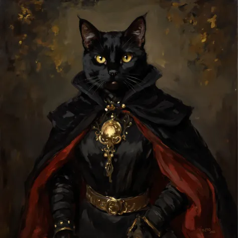 painting of a black cat dressed in a costume with a red cape, Detailed Paintings by Yang J , pixiv Contest Winners, Gothic art, the dark Cat God , Oil painting of a cat witch oil painting , Wearing a black cloak, Dignified Aristocrat , Classy cat, b...