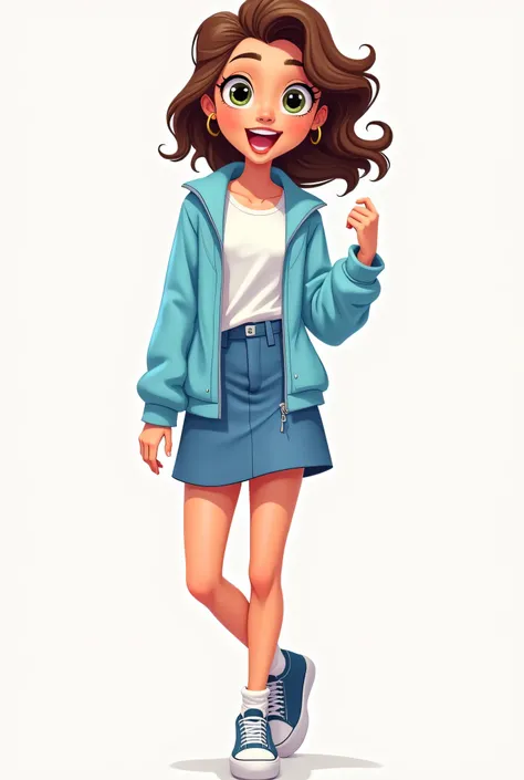 A cartoon-style She wears a light blue jacket, a white shirt, and a blue skirt, with sneakers on her feet. 