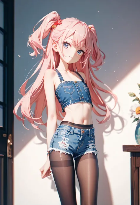 Pink hair, two side up, flat chest, skinny body, crop top, long pantyhose, daisy duke shorts 