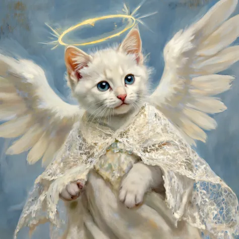 beautiful white kitten angel lace robe Feather Like a religious painting sacred flying in the sky Get in the way blue eyes Ring of Light Overhead More advanced camera angles use the magic of light happiness glowing background of salvation Aura of Lig...