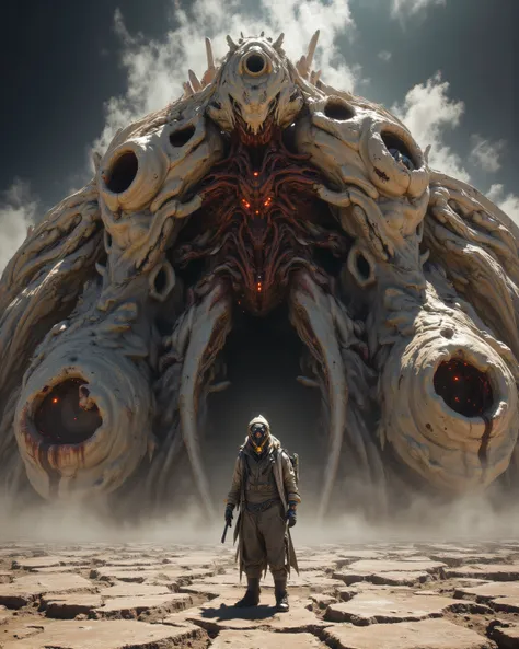 A tiny man, dressed in tattered clothing and a rusty gas mask, stands in a cracked desert wasteland, illuminated by a relentless overhead sun that casts harsh, distorted shadows. In front of him, a grotesque colossus emerges from the cracked earth: a mount...