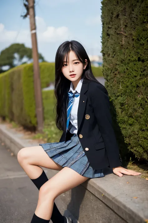  high school girl、uniform、 blazer、 high socks、 loafers 、 long black hair、 slender、the way、Strong winds