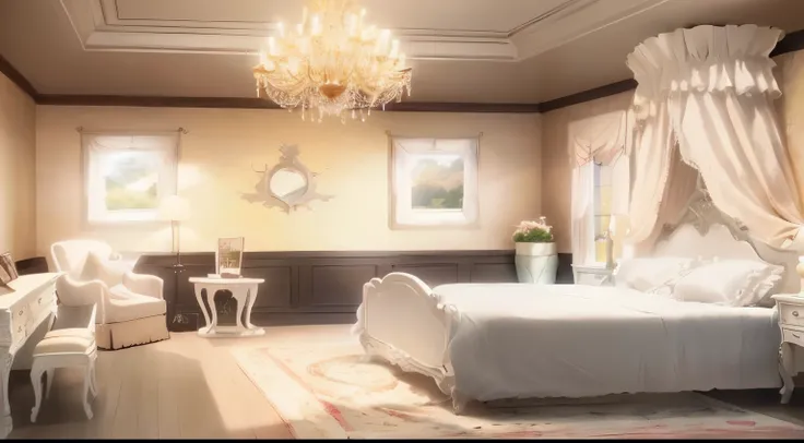 arafed bedroom with a bed, chair, desk and chandelier, bedroom background, personal room background, rpg maker style bedroom, bed room, unreal engine ; romantic theme, cream - colored room, dim bedroom, victorian room, luxurious environment, girly bedroom,...