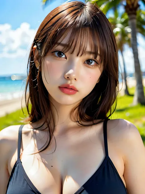 ((highest quality)), (be familiar with), beautiful girl, very huge tits, Japanese girl, baby face, highly detailed eyes, swimsuit,  palm tree, beach, perfect anatomy :1.4, highly detailed face, one person, no cut, outdoor, accurate body, glamor, whole body...