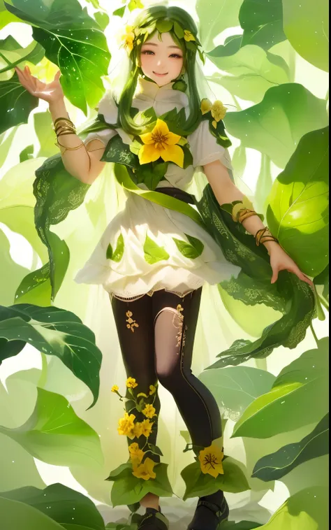  The girl personification of a cucumber ， with green curves Hair and green eyes， with yellow flowers on the head ， The clothes on the body are the leaves of the cucumber 、Flowers、vine、Cucumber section 組合成，裙子是Cucumber section 的形狀， decorated with leaves 、vin...