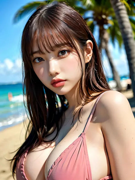 ((highest quality)), (be familiar with), beautiful girl, very huge tits, Japanese girl, baby face, highly detailed eyes, swimsuit,  palm tree, beach, perfect anatomy :1.4, highly detailed face, one person, no cut, outdoor, accurate body, glamor, whole body...