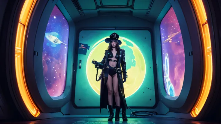 Female Space Pirate、 are standing、 Bikini、 boots、gown、hat with a skull、 in a spaceship、 You can see the universe from the window、The painting style is neon art、The inside of the ship is a mechanical enemy、Multiple windows、The woman is wearing a gown