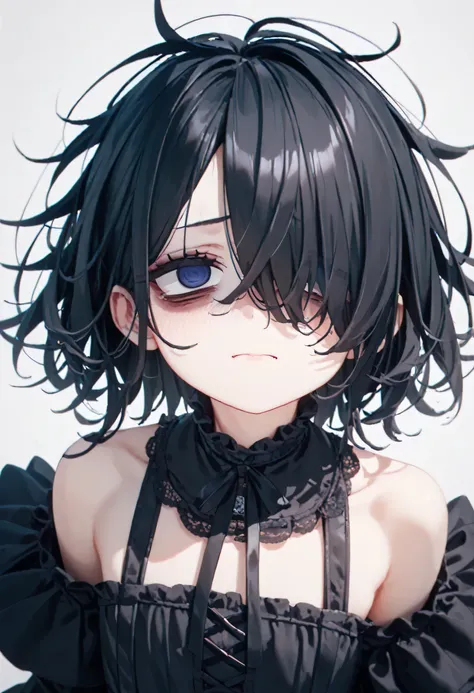 flat chest, skinnybody, Droopy eyes、Dull woman 、((bags under her eyes:1.3))、messy hair, shy, black hair ,hair over one eye, face forces, Gothic Lolita 