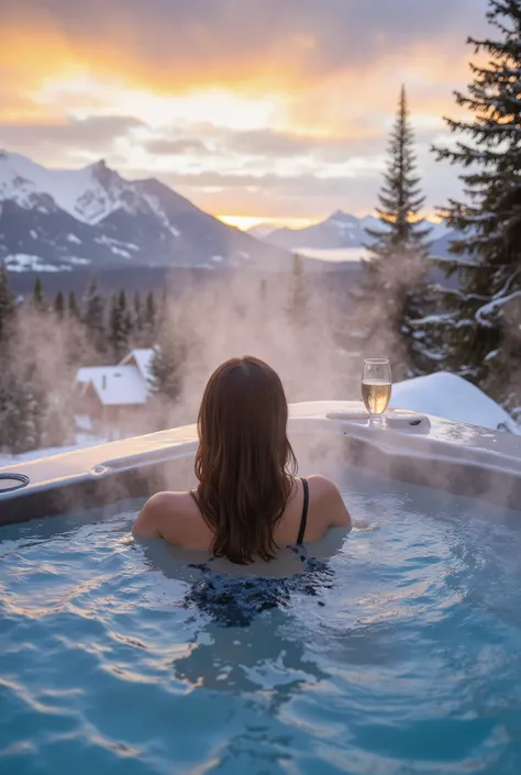 (masterpiece:1.3), (best quality:1.2), pov perspective soaking in an outdoor hot tub in St. Moritz, steam rising from the water as snow gently falls, panoramic views of snow-covered mountains glowing in the soft light of sunset, a glass of wine or champagn...