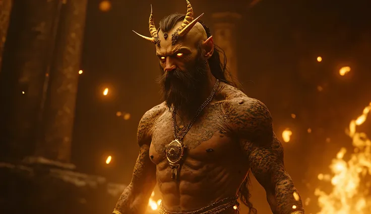 a work of art, a perfect composition. The great genie. Demon. He has a beautifully groomed beard. He's in a proud pose. He has two small horns growing out of his head. He's in great physical condition, he has abs and biceps. He's covered in gold jewelry. G...