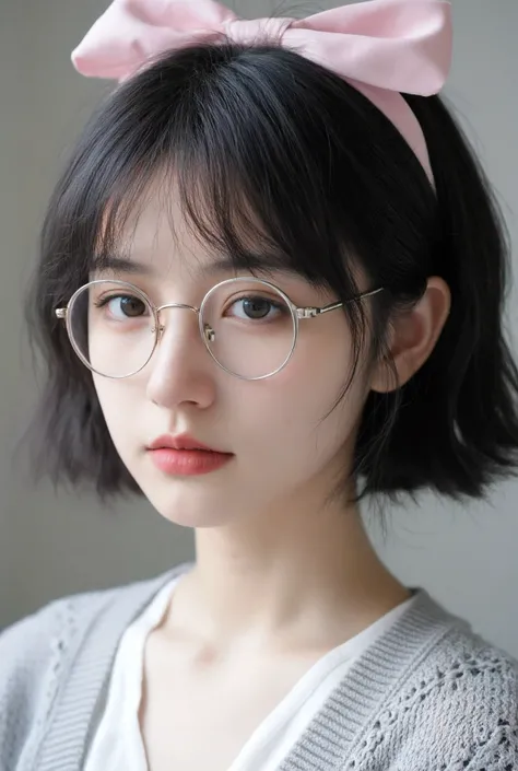 Close-up view of a young girl, around 16-, with a cute yet elegant appearance. She has a slender, youthful face with soft, delicate features, and her expression is calm and thoughtful. Her skin is smooth and radiant, with a subtle glow enhanced by natural ...