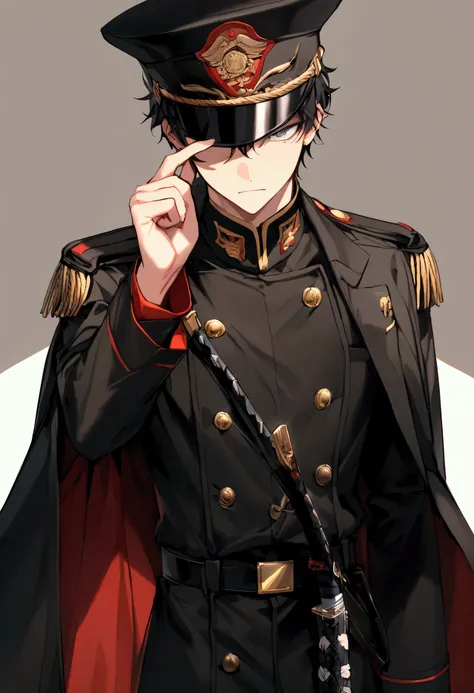 a young adult boy,  male,  Black hair, Eyes with red irises, black overcoat as a cover ,  black clothes reminiscent of those of the former soldiers,  army lieutenant hat , katana at the waist,  slaps eye to left eye.