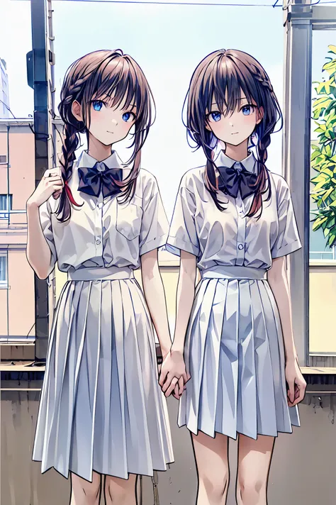 (( best quality)), ((masterpiece)), (  Details),  perfect face,  beautiful face,  best quality,  super high definition natural light ,   SHINY SKIN,   Details skin,   Details face,   Details eyes,   2 girls looking at each other ,  tea hairの女の子とポニーテールの女の子,...