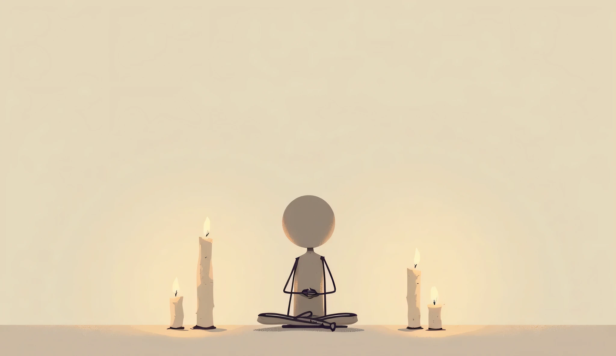 "A stick figure sitting cross-legged on the floor, minimalistic, surrounded by minimalist candles, head slightly bowed as if meditating."