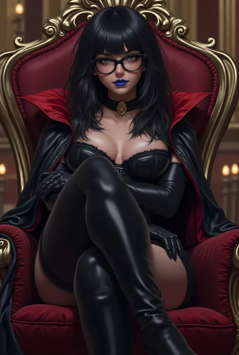 dark queen from battletoads video game, young face, beautiful smile,  wearing average sized black rimmed glasses, blue lips, shiny black corset, in a palace, sitting on a throne with legs crossed, cleavage, black cape with red inner lining, long black big ...