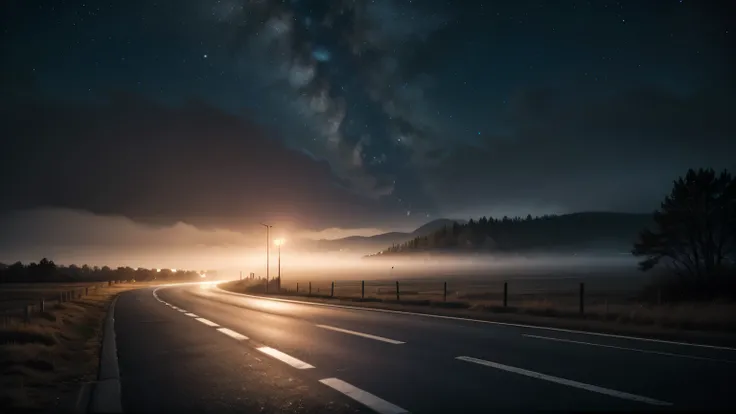 a empit night road, no cars, cinematic lighting,long exposure,wet asphalt road,atmospheric fog, moonlit sky,stars,dramatic clouds,moody atmosphere,(best quality,4k,8k,highres,masterpiece:1.2),ultra-detailed,(realistic,photorealistic,photo-realistic:1.37),c...