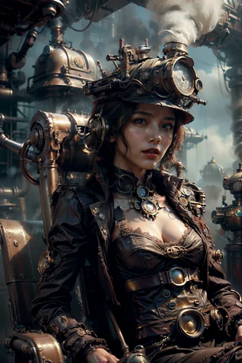  There is a sexy Taiwanese woman with a steam , dark skin ,  with small tits,A royal look,helmet,  steampunk concept art , sexy full-length look ,  sitting on a steampunk queen's chair ,Dark smoke fog background,art steampunk digital, art steampunk de alta...