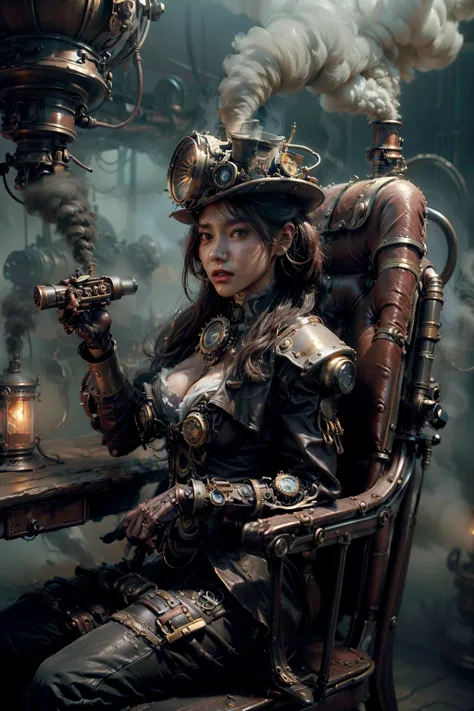  There is a sexy Taiwanese woman with a steam , dark skin ,  with small tits,A royal look,helmet,  steampunk concept art , sexy full-length look ,  sitting on a steampunk queen's chair ,Dark smoke fog background,art steampunk digital, art steampunk de alta...