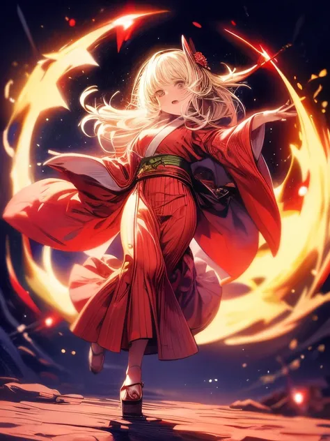 masterpiece,  best quality,  girl wearing red kimono , Cloth flying in the air, moon,  Light Steps , Wrapped in soft light, 