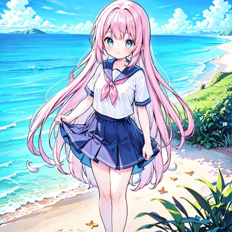 ((( more details, very detailed CG, masterpiece, High Quality , 4K, high resolution, sharp concentration, Take a commemorative photo on a sandy beach with the calm and beautiful sea in the background, anime style illustrations, pink hair))),(Alone:2), c...