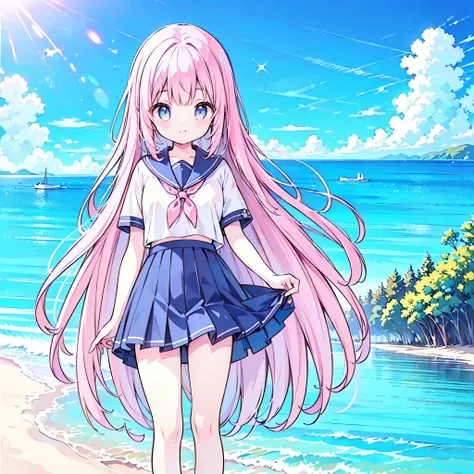 ((( more details, Highly detailed CG, masterpiece, High Quality , 4K, high resolution, sharp concentration on that detail, Take a commemorative photo on a sandy beach with the calm and beautiful sea in the background, anime style illustration near the sp...