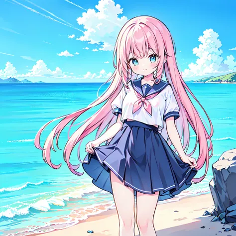 ((( more details, Highly detailed CG, masterpiece, High Quality , 4K, high resolution, sharp concentration on that detail, Take a commemorative photo on a sandy beach with the calm and beautiful sea in the background, anime style illustration near the sp...