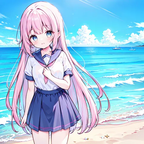 ((( more details, Highly detailed CG, masterpiece, High Quality , 4K, high resolution, sharp concentration on that detail, Take a commemorative photo on a sandy beach with the calm and beautiful sea in the background, anime style illustration near the sp...