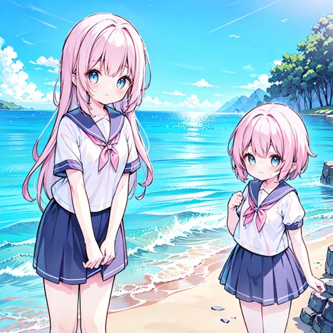 ((( more details, Highly detailed CG, masterpiece, High Quality , 4K, high resolution, sharp concentration on that detail, Take a commemorative photo on a sandy beach with the calm and beautiful sea in the background, anime style illustration near the sp...