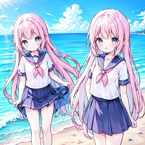 ((( more details, Highly detailed CG, masterpiece, High Quality , 4K, high resolution, sharp concentration on that detail, Take a commemorative photo on a sandy beach with the calm and beautiful sea in the background, anime style illustration near the sp...