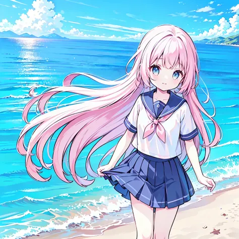((( more details, Highly detailed CG, masterpiece, High Quality , 4K, high resolution, sharp concentration on that detail, Take a commemorative photo on a sandy beach with the calm and beautiful sea in the background, anime style illustration near the sp...
