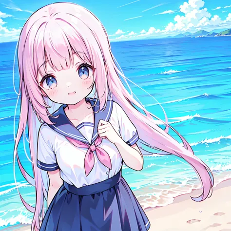 ((( more details, Highly detailed CG, masterpiece, High Quality , 4K, high resolution, sharp concentration on that detail, Take a commemorative photo on a sandy beach with the calm and beautiful sea in the background, anime style illustration near the sp...