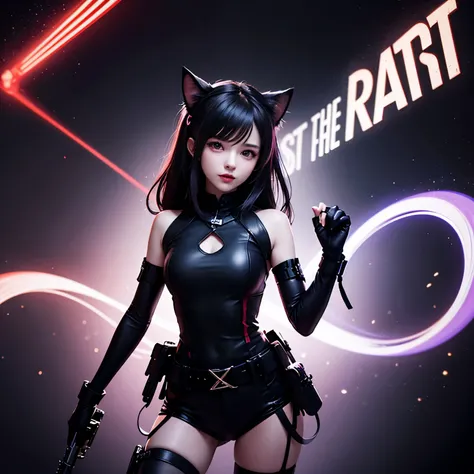 Art poster game "RAST". The"RAST" label". RAST game theme. The luminous silhouette. Neon skinny girl in full growth with a Bullet Gun at the ready, with cat ears, niji style, black background, masterpiece, glowing silhouette on a black background