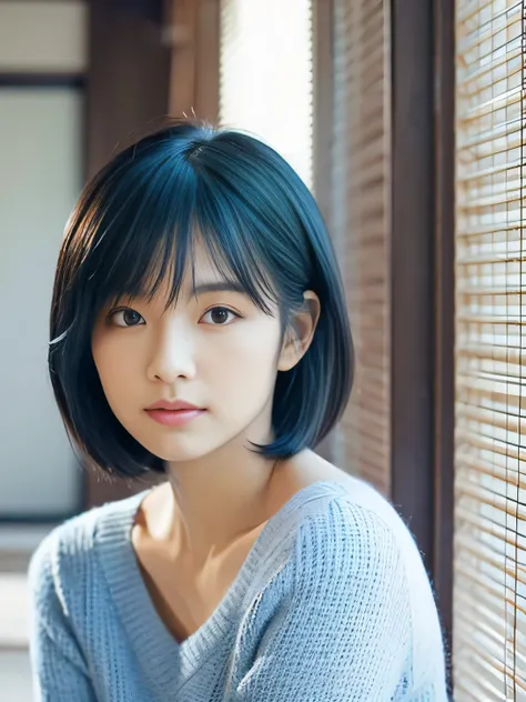 I need a sophisticated, super high quality upper body portrait of a , very pretty looking, Japanese idol-like woman in a navy blue v-neck sweater. Her hair is very short and blue. She looks a little shy. The background is white only, creating a sophisticat...