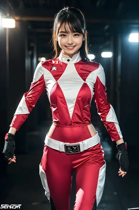 （8k、Raw   Photos y、最 high quality、masterpiece：1.2),( black hair、Dark Eyes:1.9),(Red Ranger、 Sentai Heroine Costume :1.3)、  Viewer, front view,(:1.6)、( Thin Waist:1.6)、(Clothes that accentuate the bust line:1.4)、(Big Breasts :1.2)、  slender body 、  super hi...