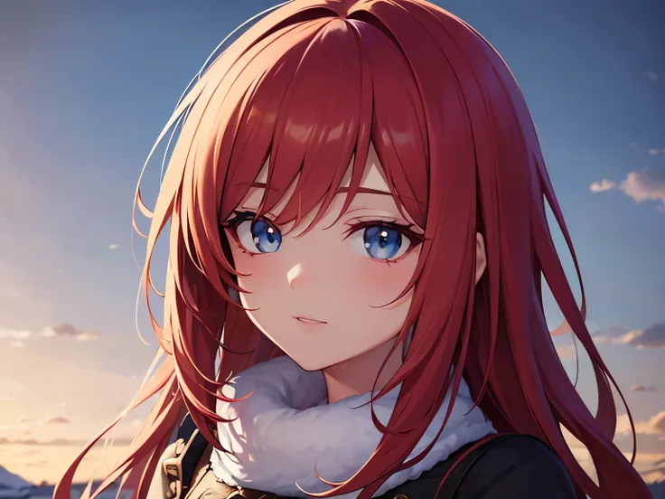 Anime girl character with flowing soft red hair, and wearing a dress, with a background winter (best quality:1.1), (masterpiece:1.2), high quality shadow, beautiful detailed, (high detailed skin, skin details), (wide_landscape, 8k), beautiful face, detaile...