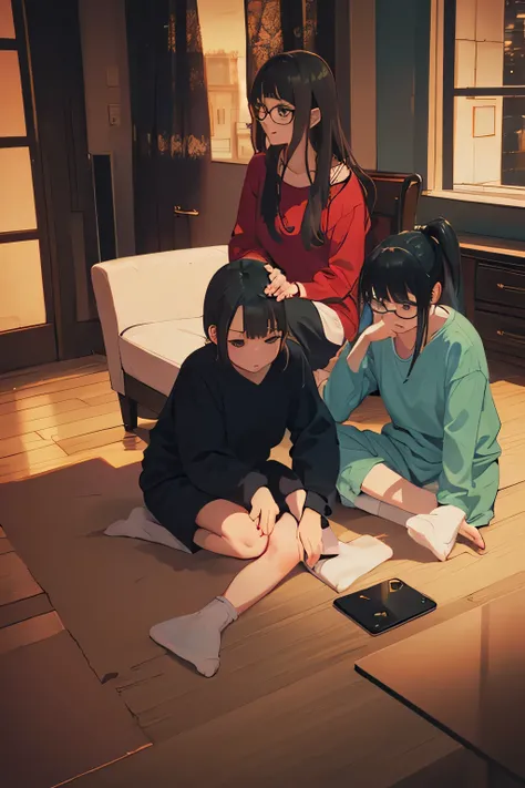 Draw 4 women sitting together in circles on the floor in a room at night,As if it were a pajama party,  one of them red and short wearing green pajamas ,  one of them taller wearing just a large black sweatshirt and socks,  another wearing blue pajamas and...