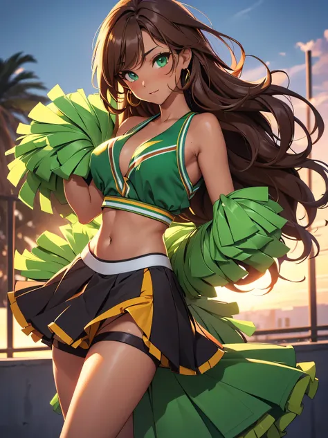 (masterpiece), (4k), )vivid colors), (evening light)  woman with very tanned skin, green eyes, very long wavy brown hair with ((high collection)) dressed in a ((sexy cheerleader costume, skirt and low-cut top))