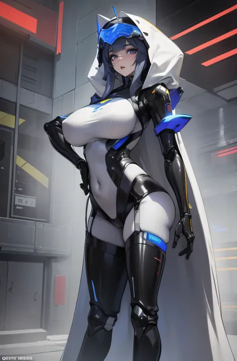 Prototype Robot tall slender but curvy cyborg girl, her body is shapely and sexually satisfying but her skin is made of shiny segmented metal, her eyes are beautiful and intense and glow with artificial light,  her metal breasts are large and heavy saggy c...