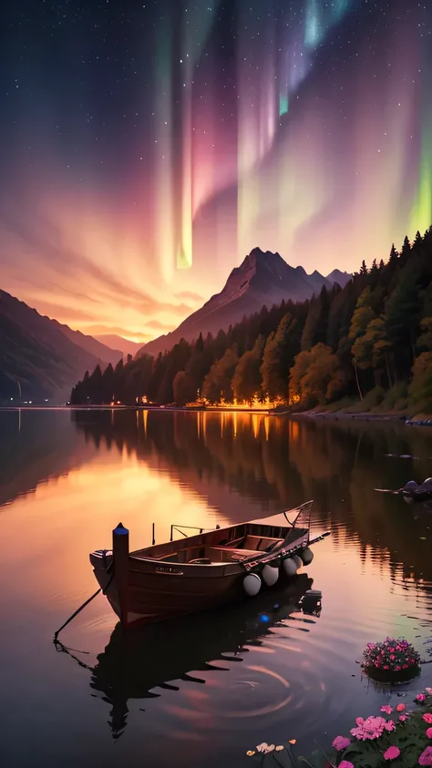 8K, best quality, lake full of leaf under red sunset background mountain, tress beside the lake, the bridge position center of lake, under tress full flowers bloom, firefly, sky full of stars and glowing aurora, boat  with old elders looking each others ho...