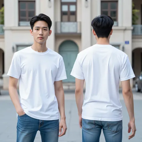 A hand asian man with a 20-year-old body. Plain white t-shirt, classic hairstyle, realistic, wearing plain oversized white t-shirt with jeans, 2 poses (showing front and back t-shirt pose) full body, large, street background, photorealistic, 8k, hyper real...