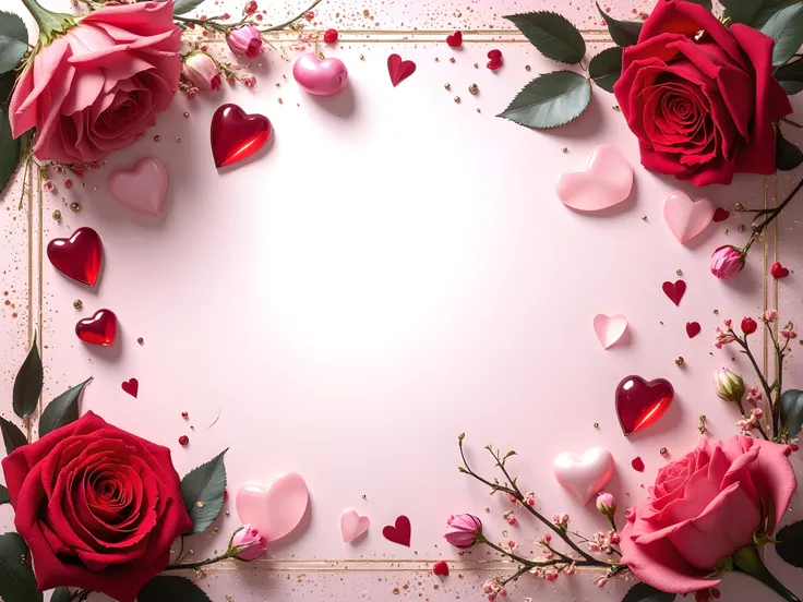 "Create a digital banner for Valentine's Day with an elegant and romantic design. The banner should have an empty space in the center for custom text or images. Surrounding the empty space, include elements like hearts, roses, and maybe subtle sparkles or ...