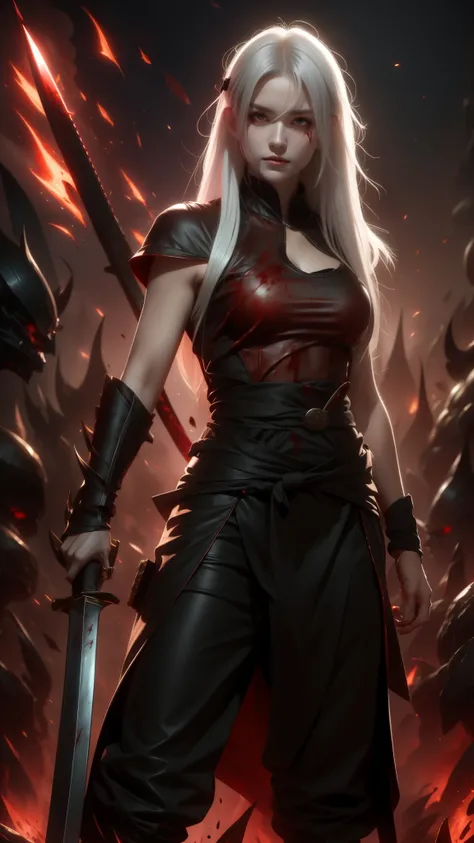 White-haired woman, terrifying appearance, with a katana and a shield, red eyes, on a battlefield covered in blood, wearing Spartan clothes, with a scar on her left eye