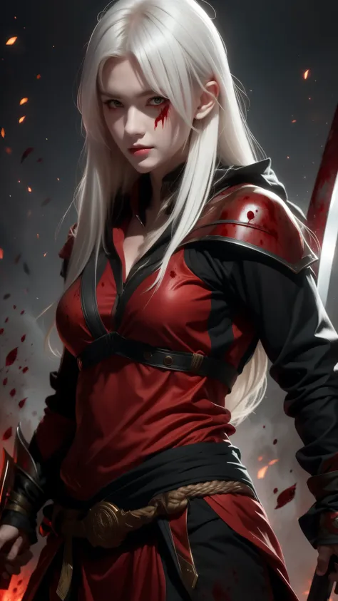 White-haired woman, terrifying appearance, with a katana and a shield, red eyes, on a battlefield covered in blood, wearing Spartan clothes, with a scar on her left eye