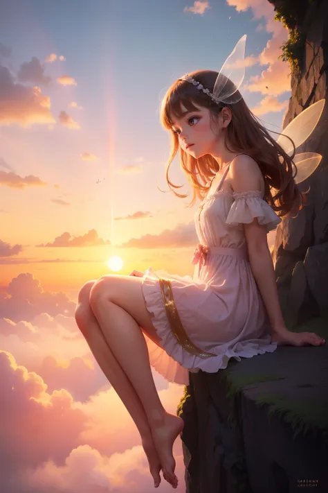 A little fairy girl with delicate translucent wings, sitting gracefully on soft, fluffy clouds in a serene sky. Her flowing pastel-colored dress gently sways in the breeze, and her tiny feet dangle over the edge of a cloud. The background is filled with a ...