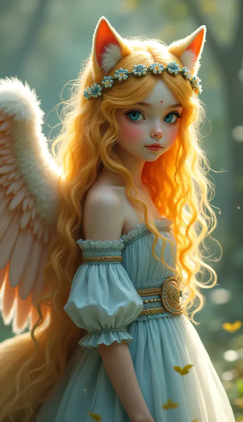 A beautiful angel girl (beautiful light green eye, to   wolf cones on the head, long yellow kerling hairs , blue and pink beautiful dress,a  wolf big  tale,   big wings) stay a beautiful furnt of garden smiling